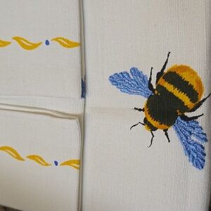 New Place & Time Bumblebee Table Runner‎ Embroidery Wings Cream Gold Blue 14x72"